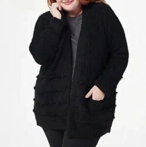 Barefoot Dreams Cozychic Boardwalk Fringe Cardigan Size Medium Black Soft Cozy